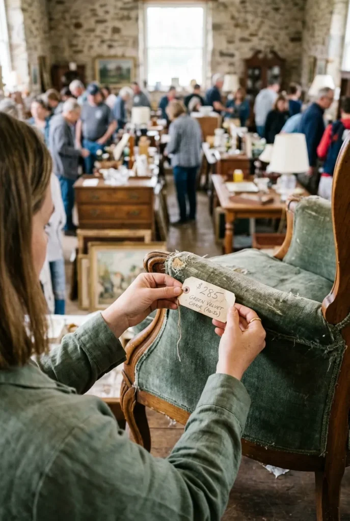 Hands checking a price tag on a secondhand velvet chair at an estate sale.