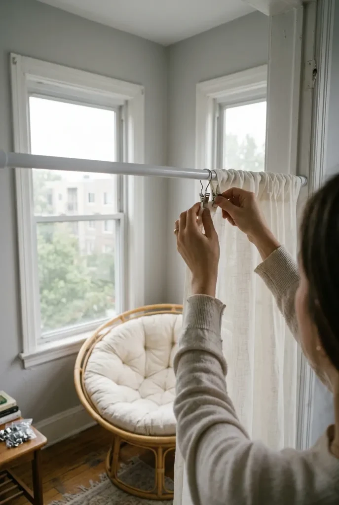 Hands clipping a sheer curtain to a no-drill tension rod above a renter papasan nook.