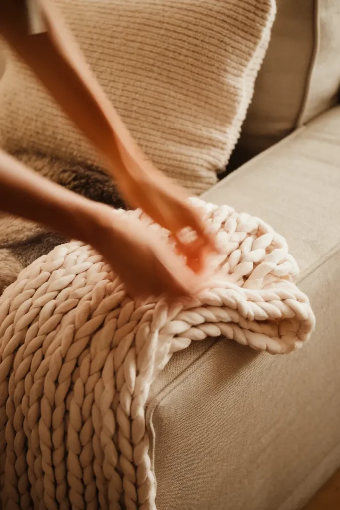 Hands folding a chunky knit throw over a linen sofa, layering textures for cozy Scandinavian decor.