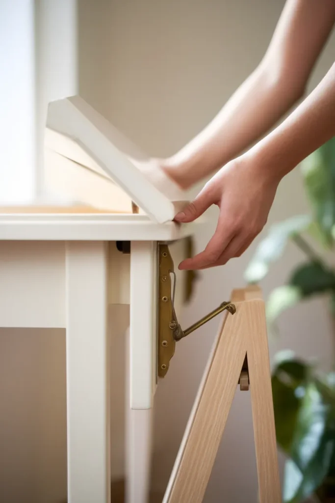Hands folding a white gateleg table leaf down, close-up on the brass hinge and wooden leg.