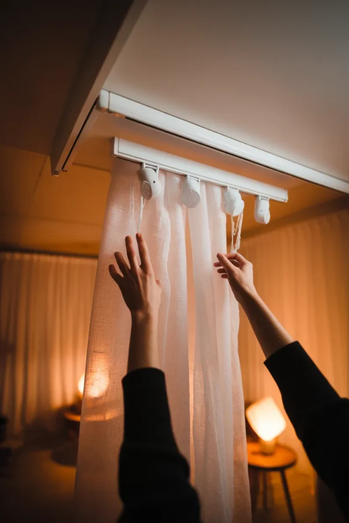 Hands hanging a sheer linen panel on a ceiling curtain track to divide a studio.