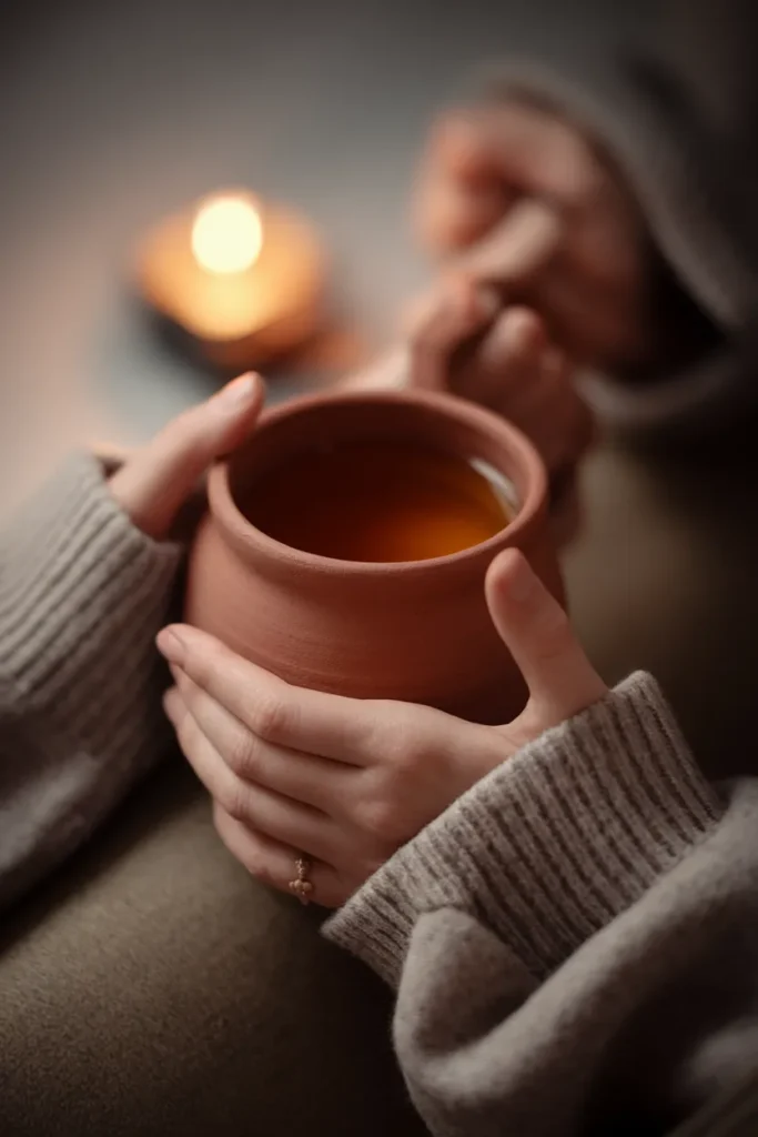 Hands holding a warm mug in a wool sweater, a quiet hygge home decor moment by candlelight.