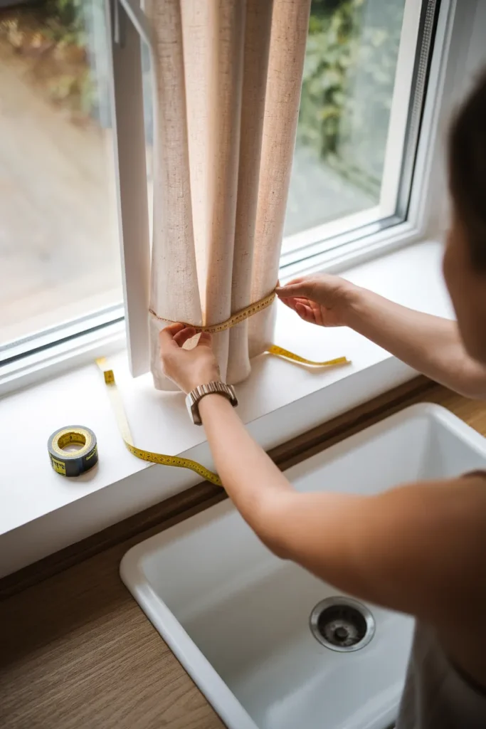 Hands installing a linen cafe curtain on a tension rod at a farmhouse kitchen window.