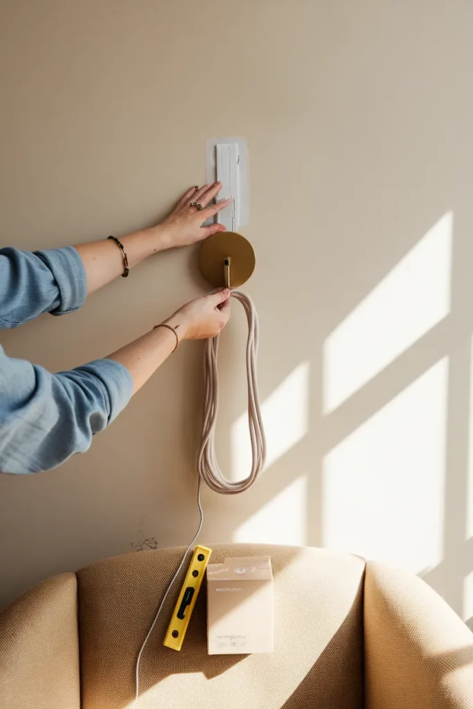 Hands installing a plug in wall sconce with a fabric cord cover, a renter safe cottage upgrade