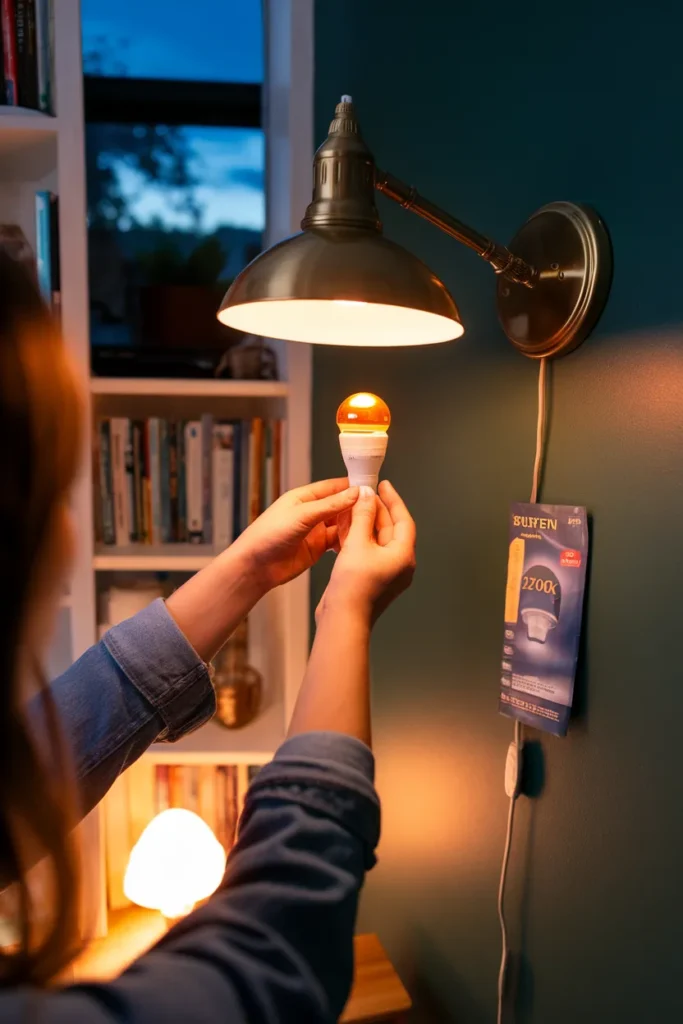 Hands installing a warm 2700K bulb in a brass swing-arm lamp for moody living room lighting.