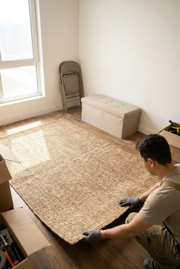 Hands laying a jute rug to set up a renter-friendly reading nook with an ottoman.