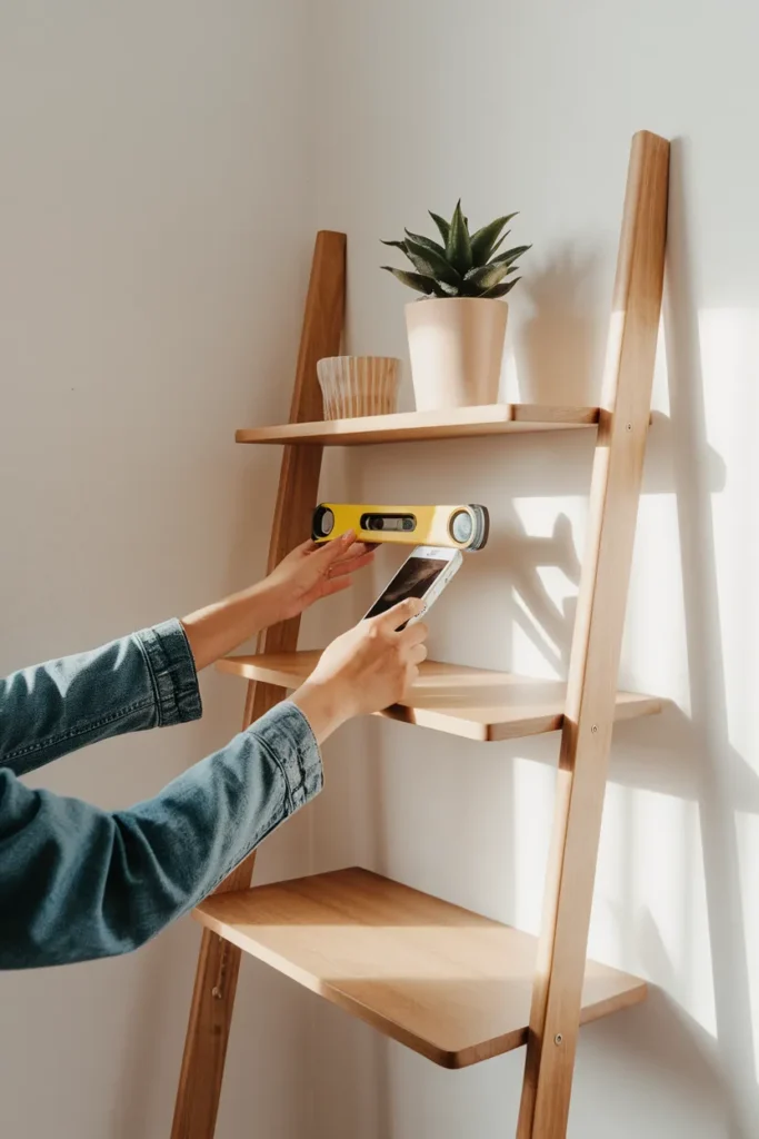 Hands leveling a no-drill leaning ladder bookshelf in a small apartment reading corner.