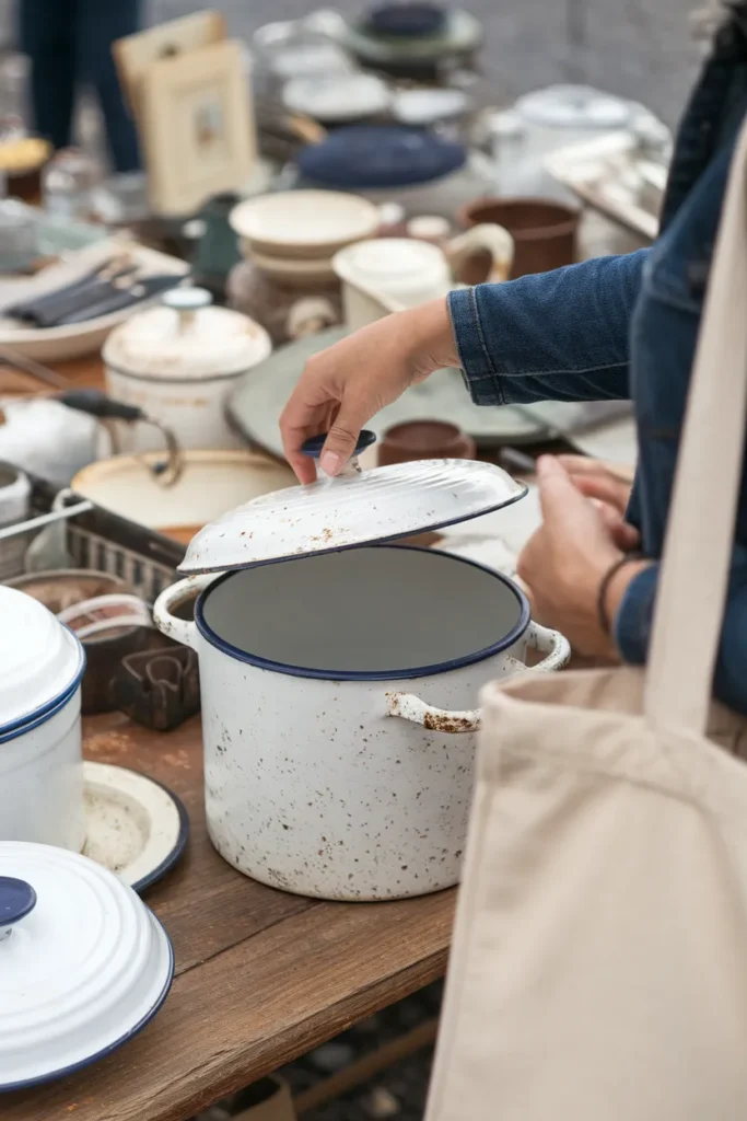 Hands lifting the lid of a vintage enamel pot at a flea market table while thrifting kitchen finds