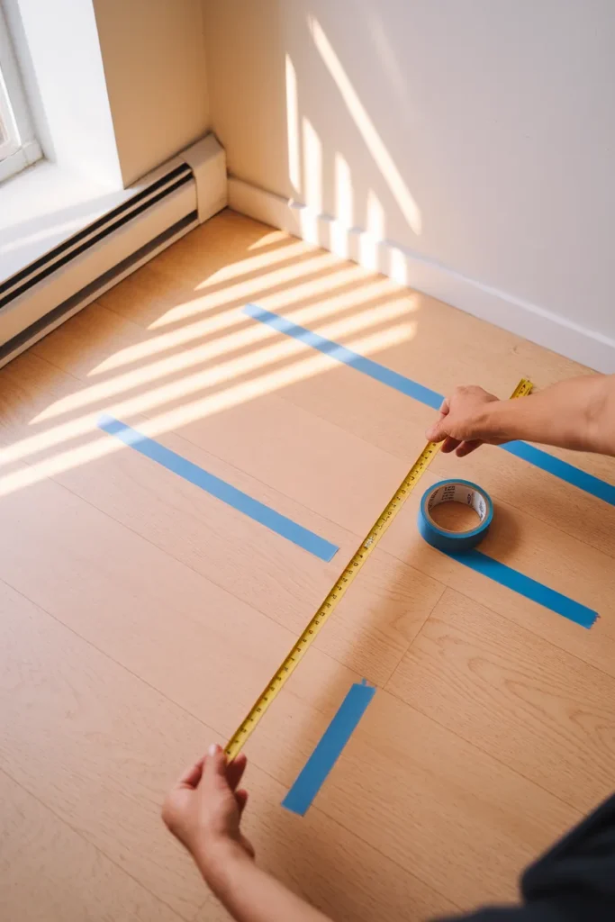 Hands measuring 36 inches of floor with a tape measure and painter's tape to size an armchair corner.