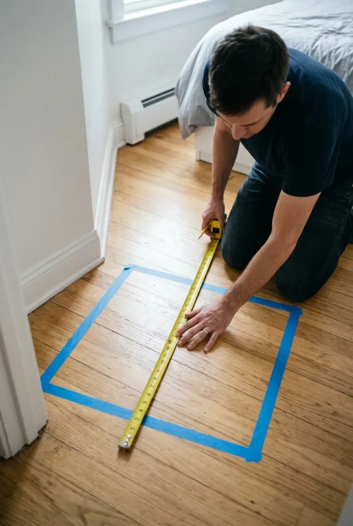 Hands measuring a bedroom corner with tape to plan a papasan reading nook footprint.