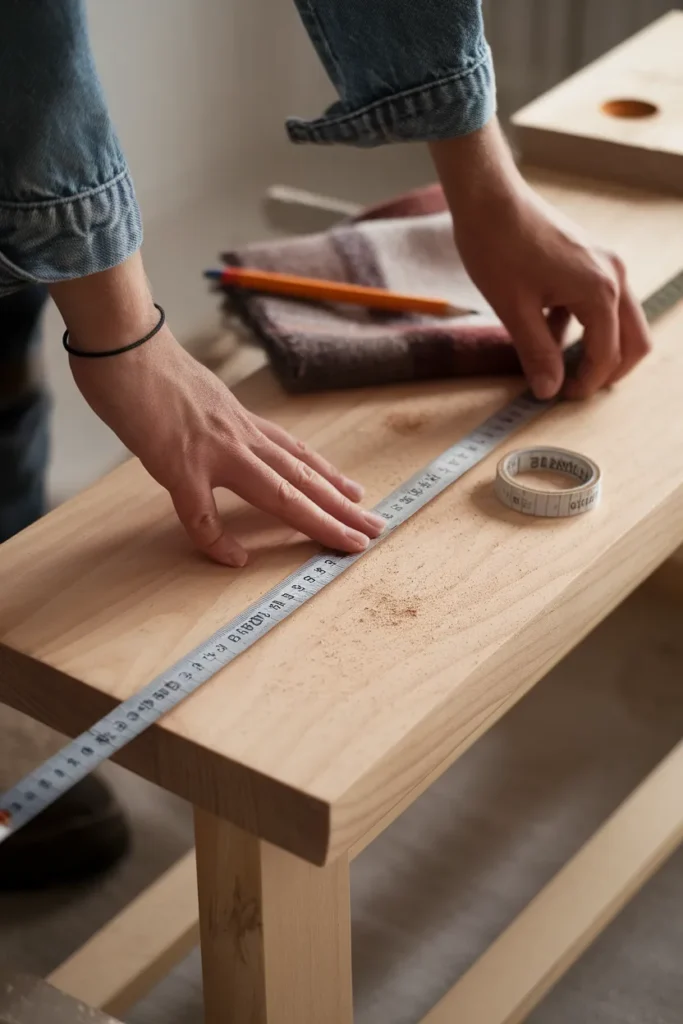 Hands measuring a bench seat height with a tape measure during a nook build