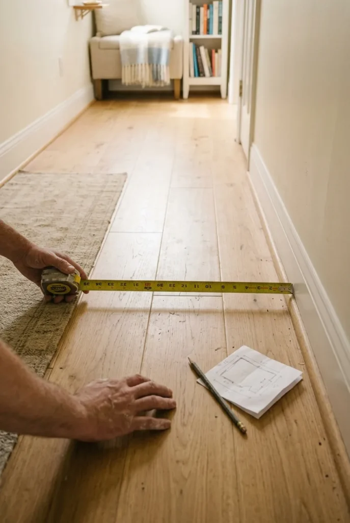 Hands measuring narrow hallway width with a tape measure to plan a reading nook.