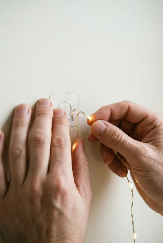 Hands mounting a no-drill hook to hang fairy lights in a reading nook.
