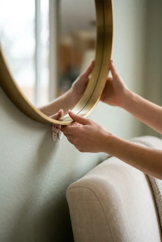 Hands mounting a round brass reading nook mirror with adhesive strips on a sage wall.