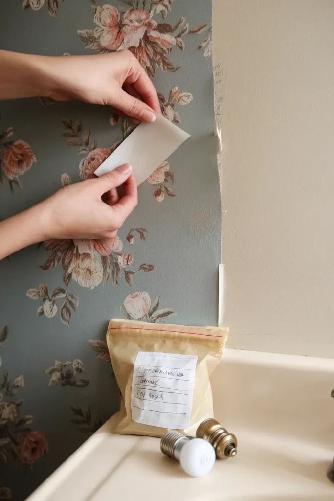 Hands peeling adhesive wallpaper off a bathroom wall leaving the paint undamaged.