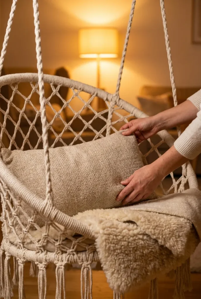 Hands placing a lumbar pillow on a macramé swing chair seat for reading comfort.