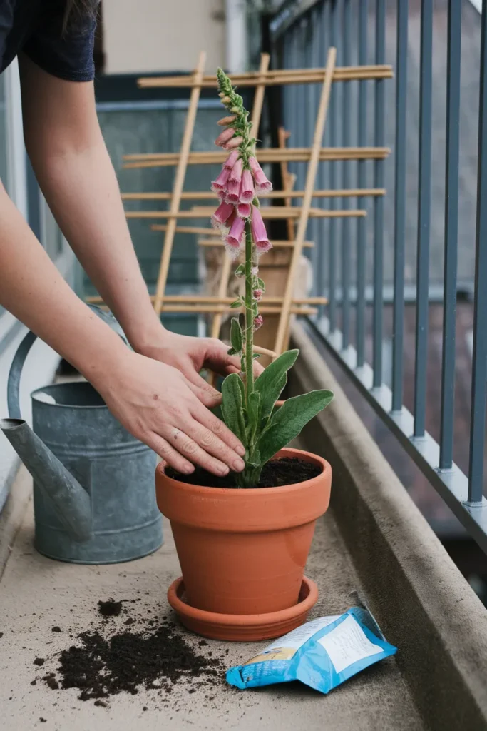 Hands potting a foxglove in terracotta on a small balcony cottagecore garden.
