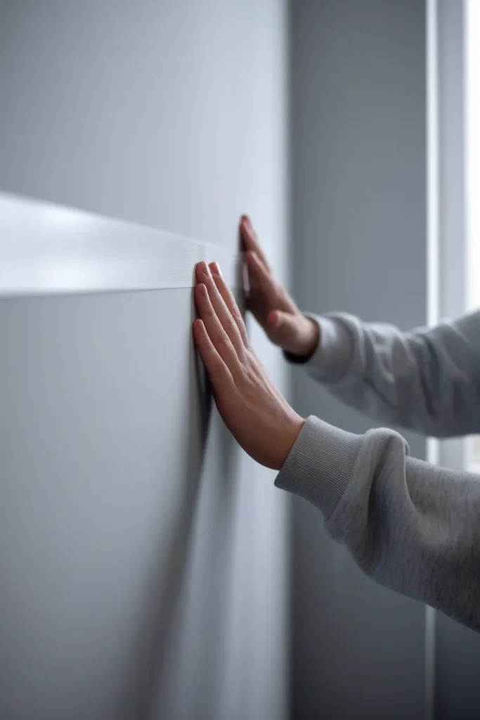 Hands pressing a damage-free adhesive strip onto a painted wall for renter-friendly storage.