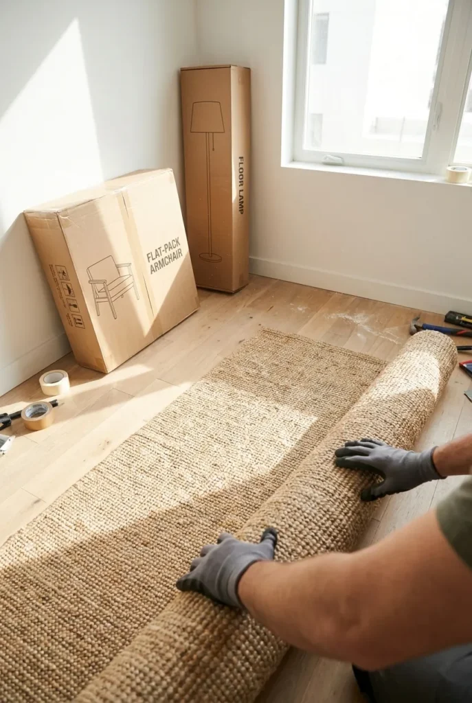 Hands rolling out a jute rug while setting up a renter-friendly neutral reading nook.
