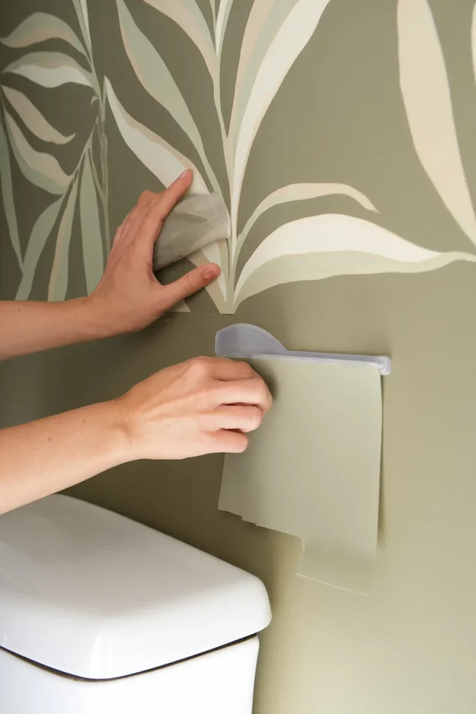 Hands smoothing botanical peel and stick wallpaper above a toilet in a small bathroom