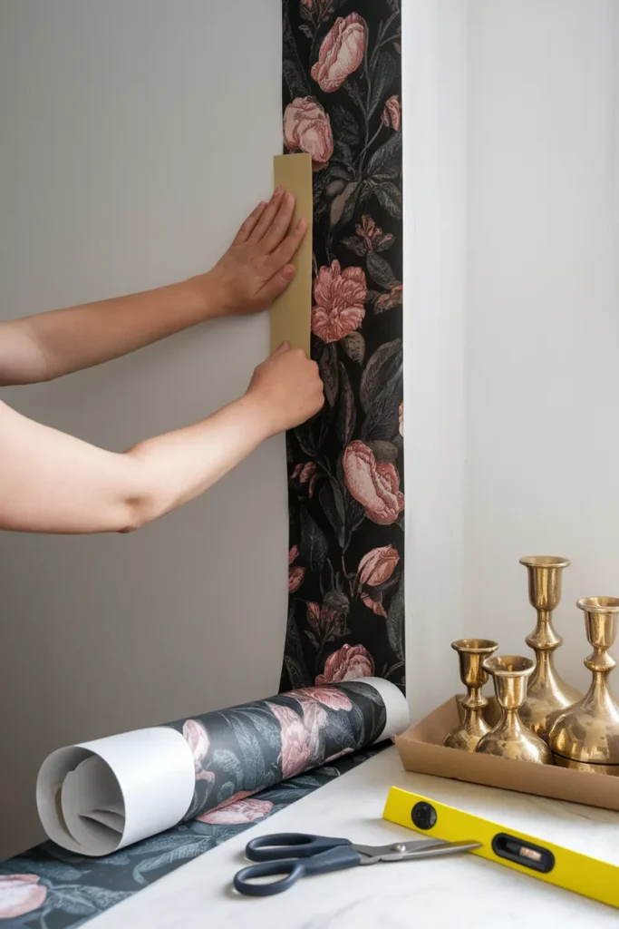 Hands smoothing dark floral peel-and-stick wallpaper during a renter-friendly kitchen makeover.