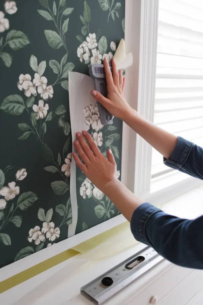 Hands smoothing dark floral peel and stick wallpaper onto a bedroom wall