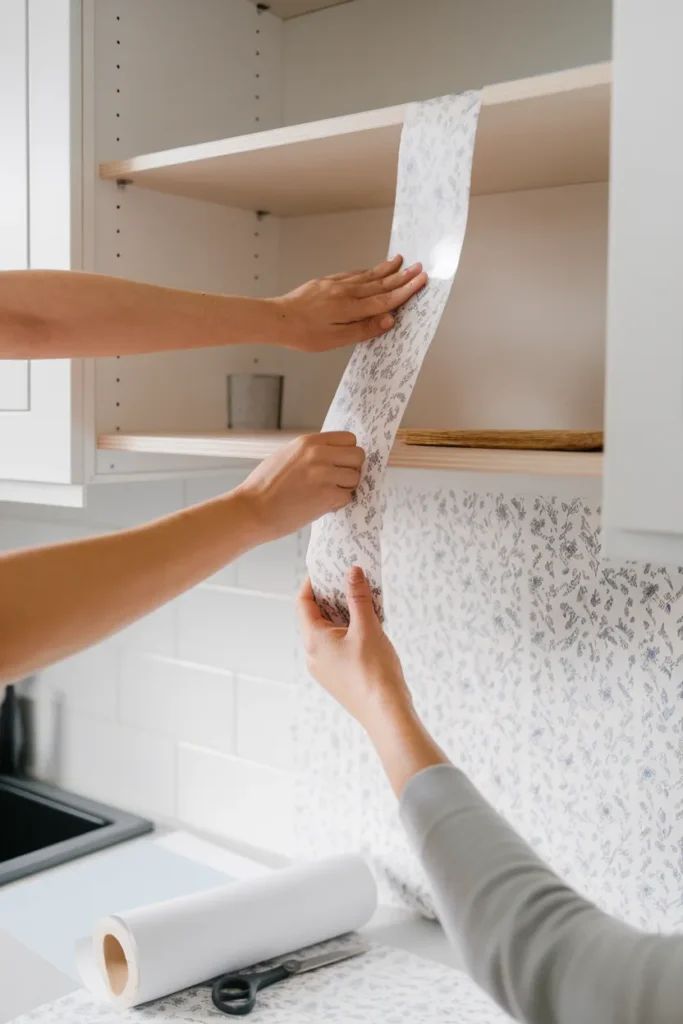 Hands smoothing floral peel and stick wallpaper onto a shelf back, a renter safe kitchen decor upgrade