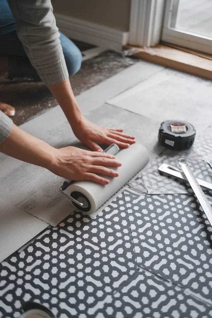 Hands smoothing peel-and-stick checkerboard tile with a seam roller during a renter-friendly kitchen floor update.