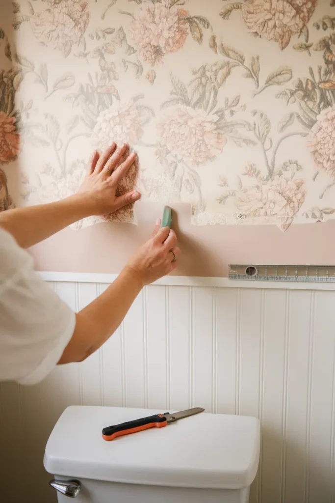 Hands smoothing peel and stick floral wallpaper above beadboard in a small bathroom.