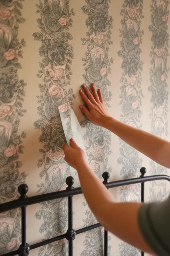 Hands smoothing peel-and-stick floral wallpaper onto a bedroom accent wall.