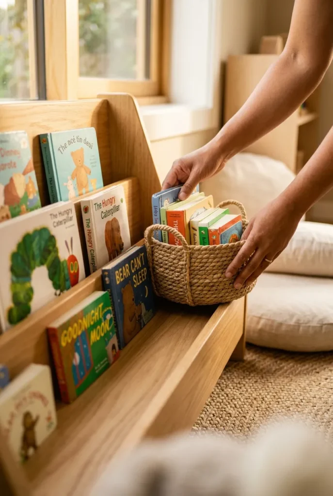 Hands sorting board books into a woven basket beside a daycare book rack.