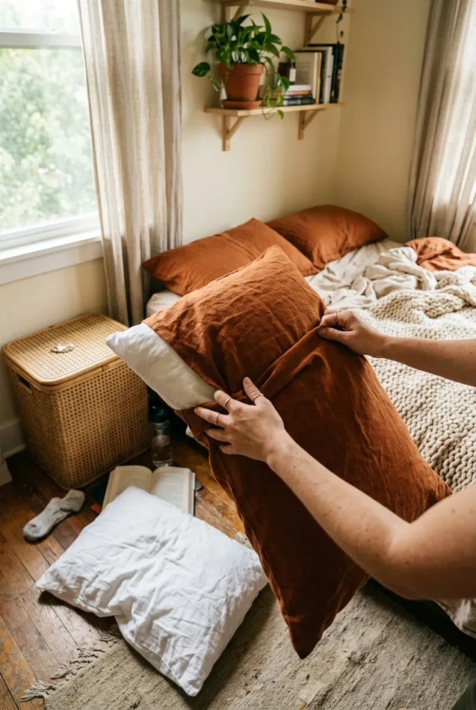 Hands swapping a rust pillow cover during a fall reading nook refresh.