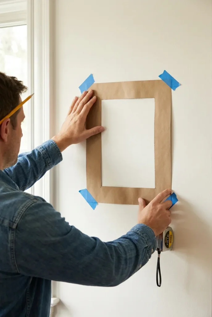 Hands taping paper frame templates to a wall to plan a gallery wall layout.