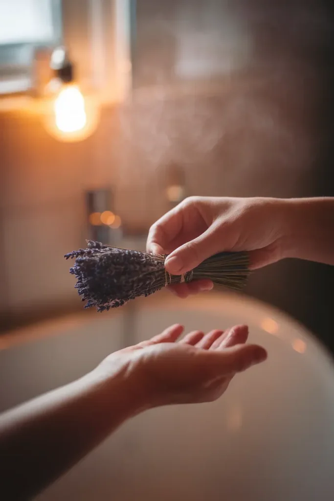Hands testing dried lavender stems for moisture in a steamy bathroom.