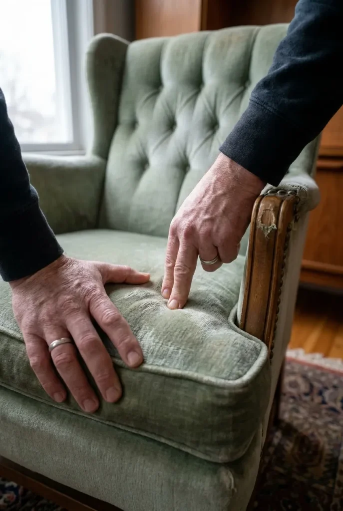 Hands testing the firmness of a secondhand velvet wingback chair for a reading corner.