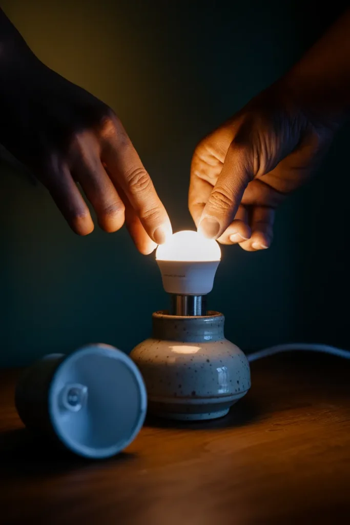Hands twisting a warm 2700K bulb into a table lamp socket in a dark room, amber glow starting.