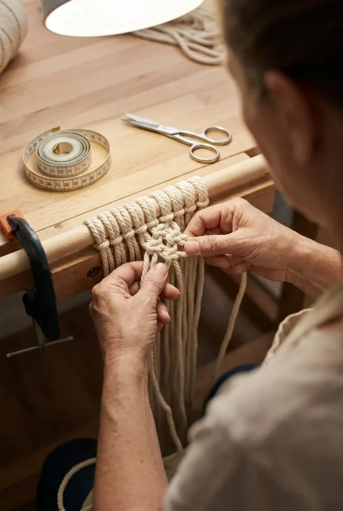 Hands tying a square knot in cotton cord to make a macramé book holder.