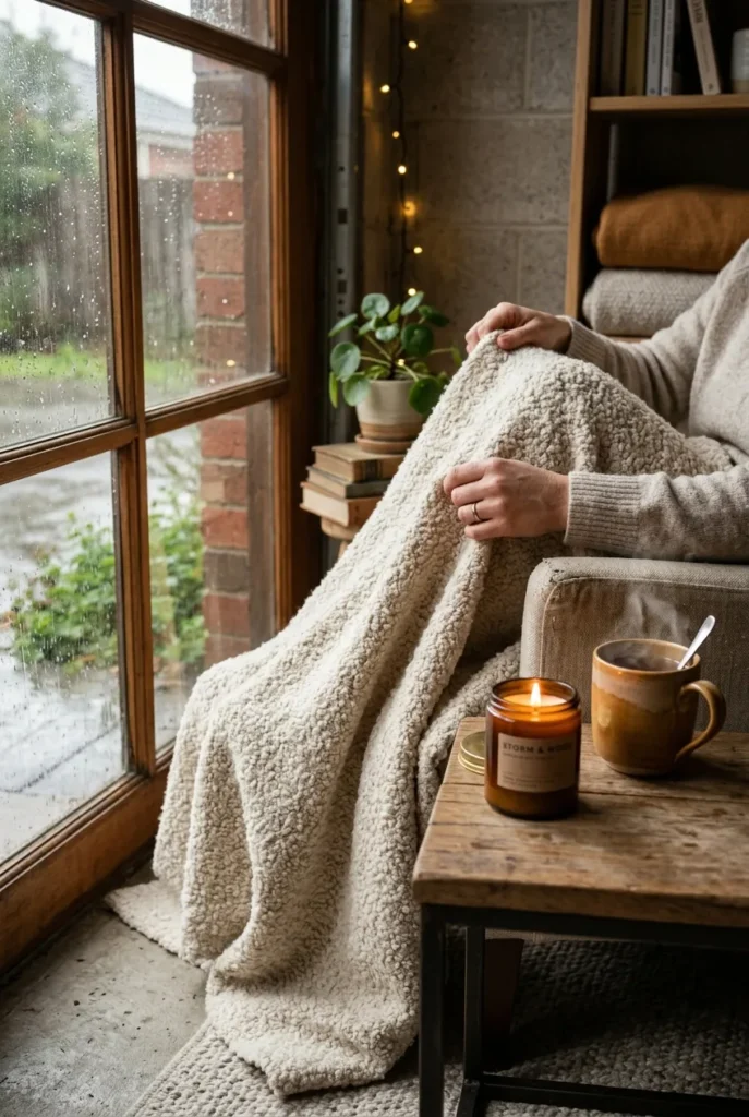 Hands with a boucle throw and mug in a rainy-day garage reading nook.