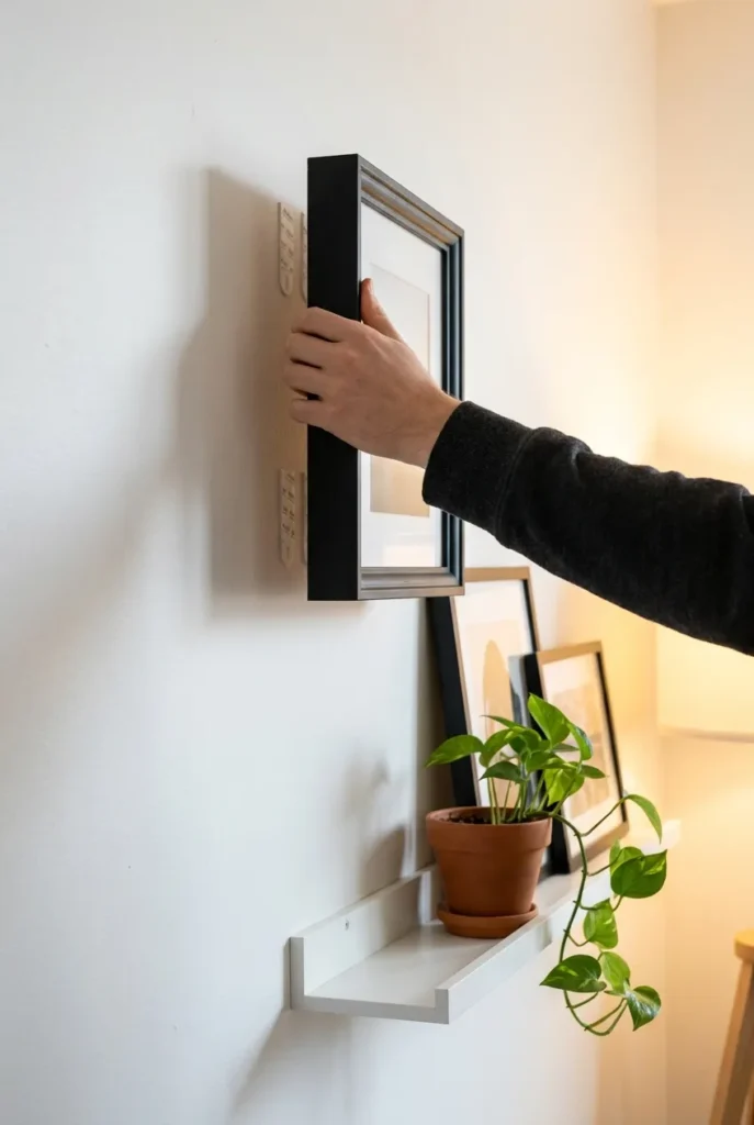 Hanging a frame with no-drill adhesive strips above a picture ledge in a nook.