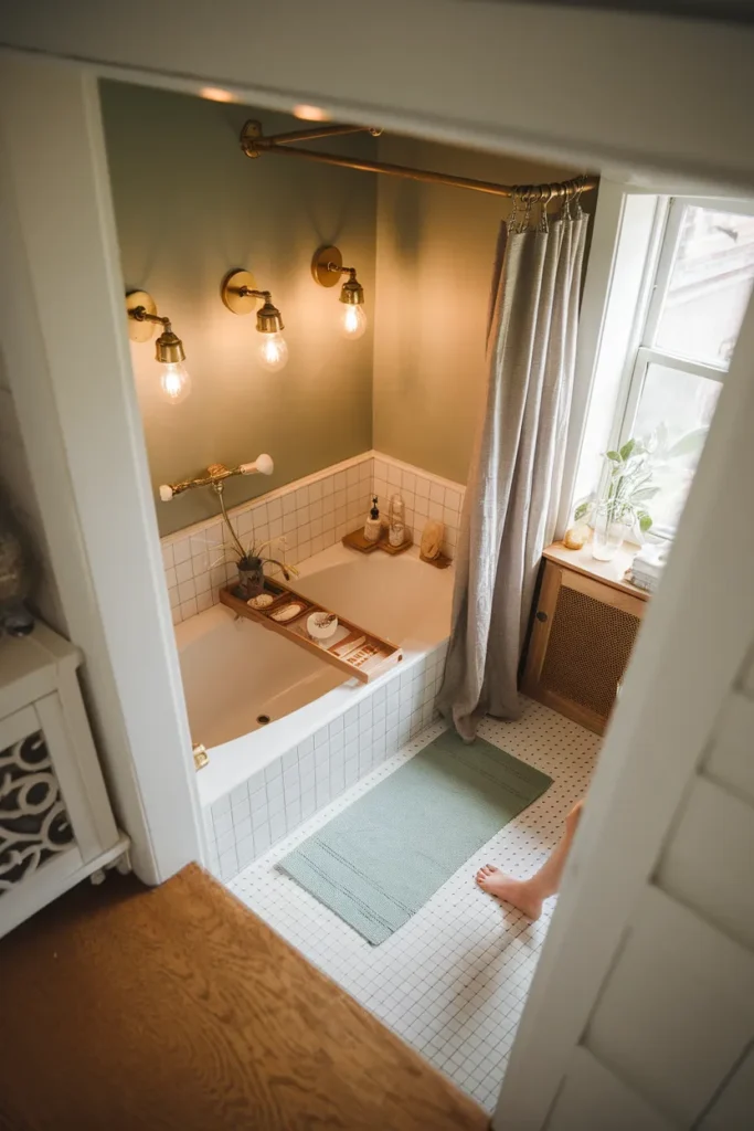 High angle view of a finished small cottagecore bathroom with sage walls and warm lighting