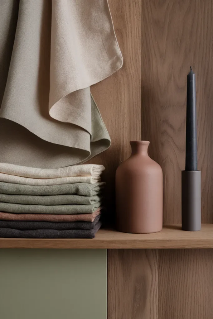 Hygge color palette shelf with cream and sage linens, a clay vase, and one charcoal accent.