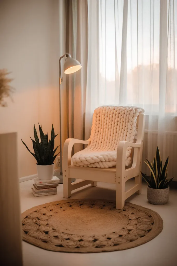 Hygge home decor reading corner with birch armchair, cream throw, and warm lamp by a bright window.