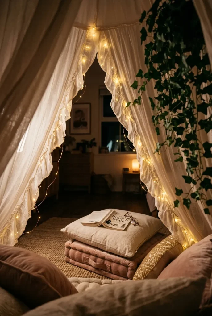 Inside view of a canopy reading nook draped with warm fairy lights over floor cushions.