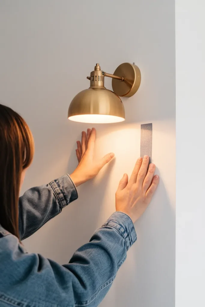 Installing a no-drill cordless wall sconce for renter-friendly warm lighting.