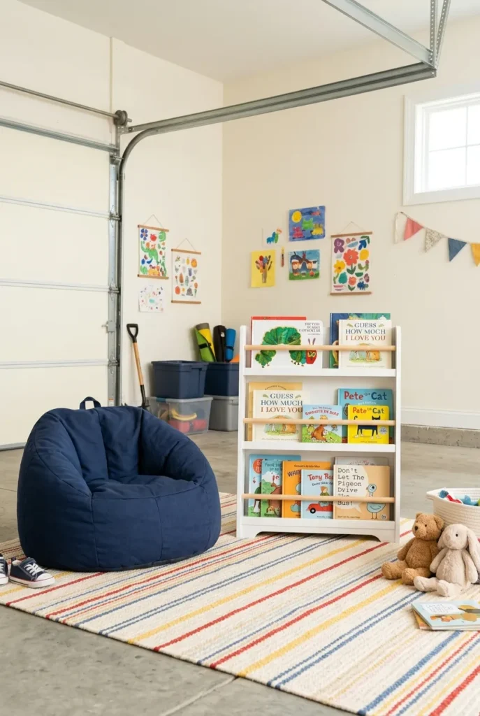 Kid-friendly garage reading corner with a bean bag and low book shelf.