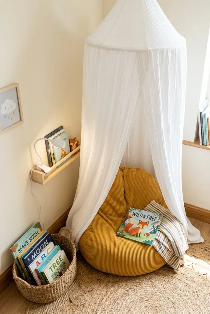Kids' canopy reading corner with a bean bag, book basket, and clip-on light.