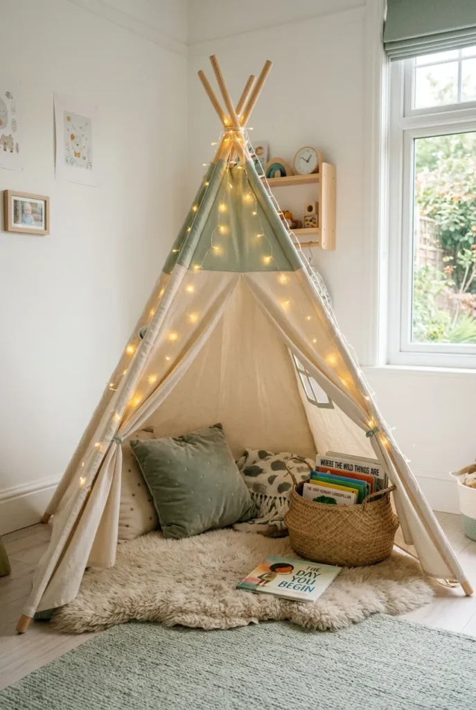 Kids' reading teepee corner with warm fairy lights, rug, and a basket of books.