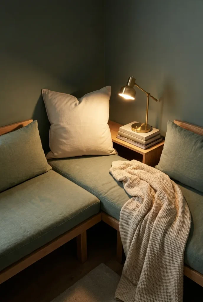 L-shaped corner bench reading nook for two with a sage cushion and a big corner floor pillow.
