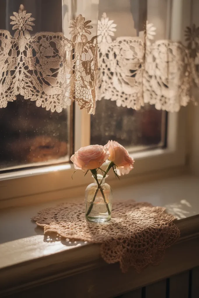 Lace cafe curtain and doily backlit by golden hour light in a cottagecore bedroom