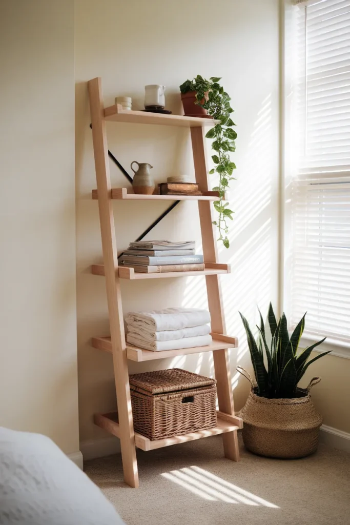 Ladder shelf with books and baskets, small bedroom cottagecore storage that saves floor space